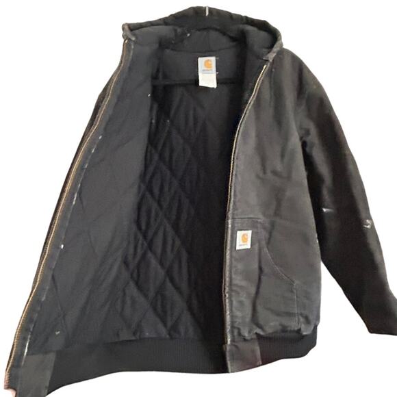 Vtg Carhartt Canvas Hooded Jacket XL TALL Distressed Workwear Paint USA Made - Picture 4 of 15